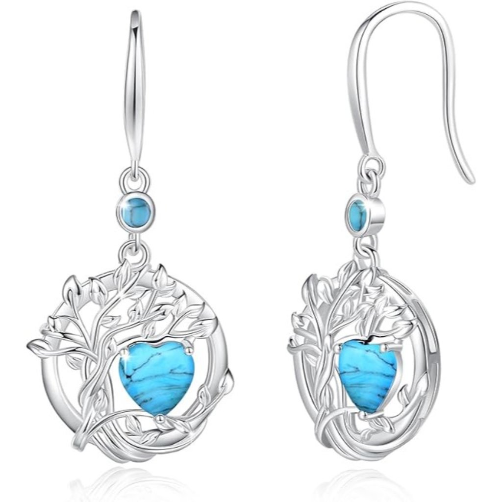 Dec-Turquoise Tree Of Life Emblem 925 Silver Dainty Round Gemstone Earring